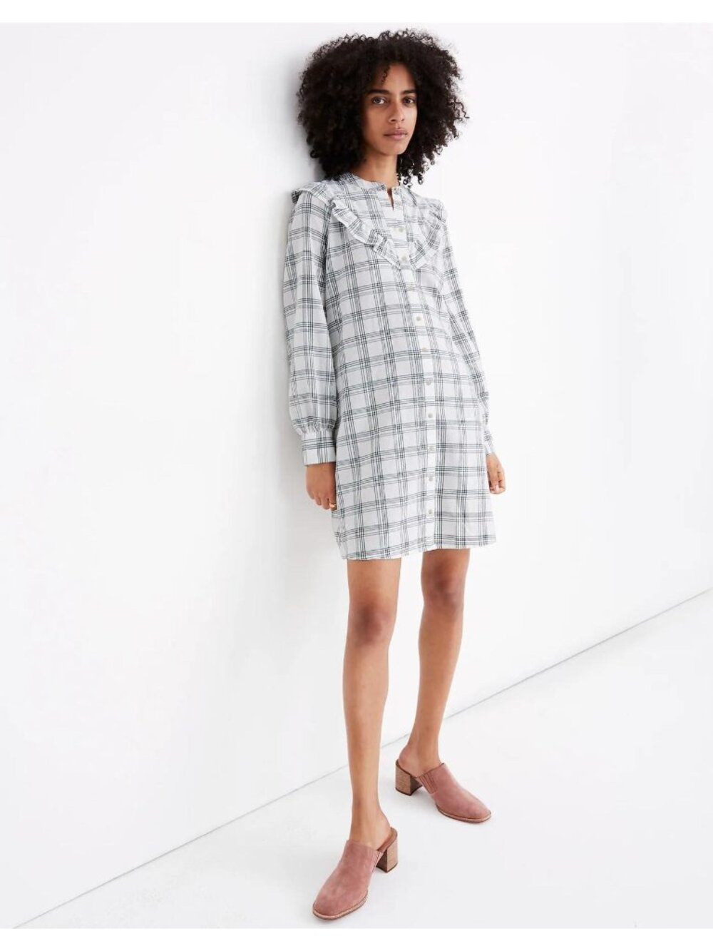 Madewell White Plaid Ruffle-Yoke Prairie Button-Down Dress Women's Size XS